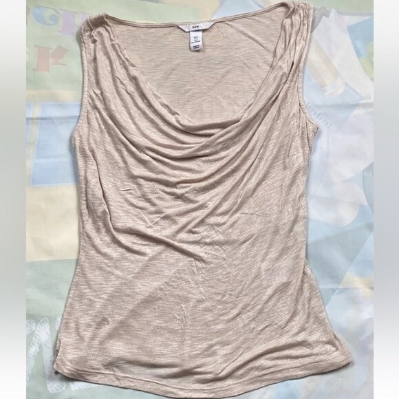 H & M WOMEN'S NUDE WITH SILVER METAL COWL NECK SLEEVELESS TOP TANK SIZE S - Picture 5 of 10